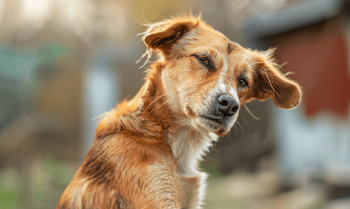 无家可归的狗抓伤自己的耳朵后面