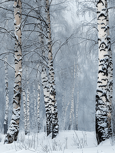 阴天里白雪皑皑的森林里的桦树和橡树