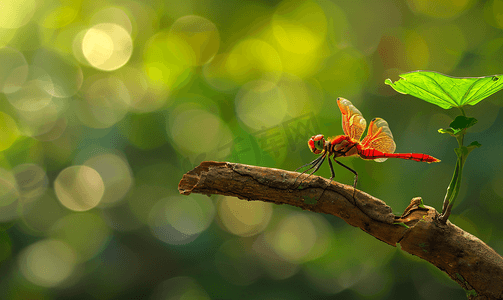蜻蜓站在绿色背景上美丽的树枝上