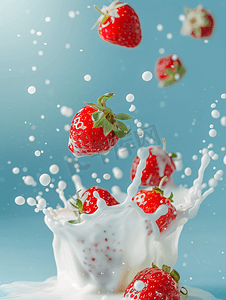 草莓落入牛奶中蓝色背景中突显