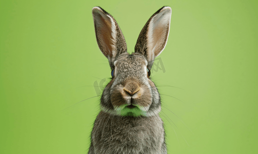 天然绿色背景上一只毛茸茸的灰兔的耳朵肖像