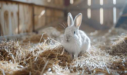 可爱的兔子坐在农场吃干草