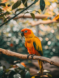 动物园鸟笼中美丽多彩的太阳锥尾鹦鹉站在树枝上