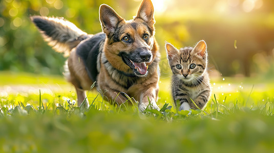 一只狗和一只猫在绿草上奔跑高清图片