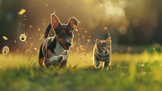 猫咪奔跑摄影照片_公园草地上小狗和猫咪照片