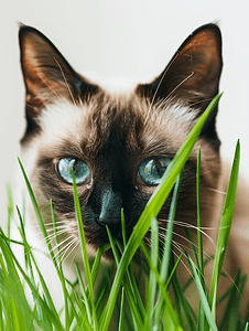 暹罗猫考虑吃一片绿草叶
