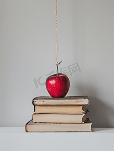 白色背景上的书上方挂着一个红苹果