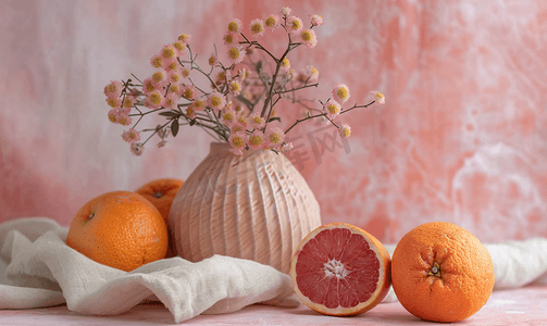 装饰主题的摄影照片_新鲜的橙子和干花插在花瓶里