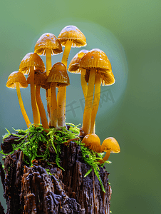黄色汉堡png摄影照片_从腐烂的树桩上长出的小黄色蘑菇