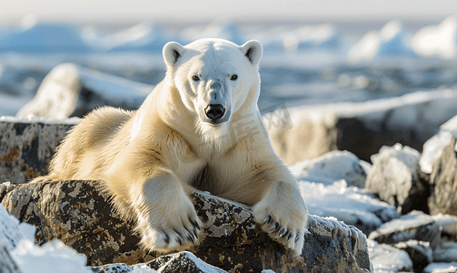 岩石上的白熊躺在岩石上的北极熊