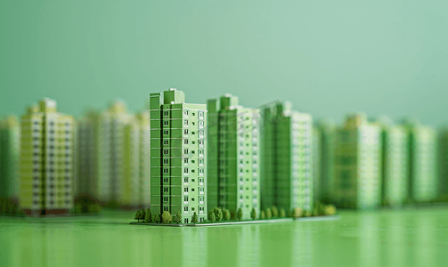 一栋住宅楼的绿色身影在众多建筑中脱颖而出