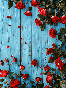 蓝色花卉边框摄影照片_木制蓝色背景上的红玫瑰呈框架状