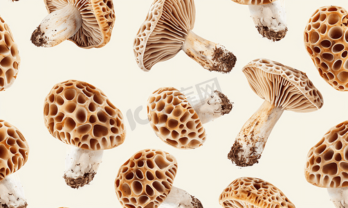 蘑菇图案野生羊肚菌蘑菇无缝背景素食概念