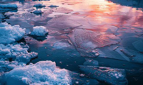 黄昏时分河面上漂浮的浮冰