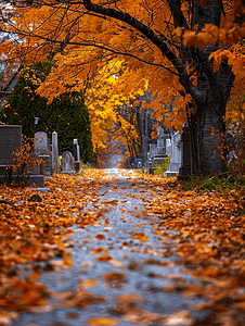 秋天墓地里的狭窄小路
