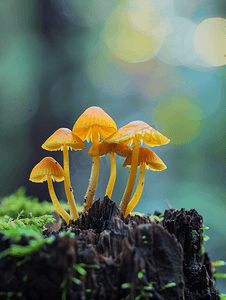 小红书小元素摄影照片_从腐烂的树桩上长出的小黄色蘑菇