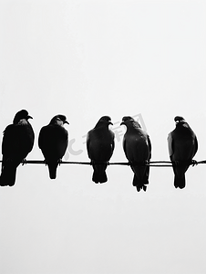 鸽子坐在电线上鸟的剪影鸟坐在一排