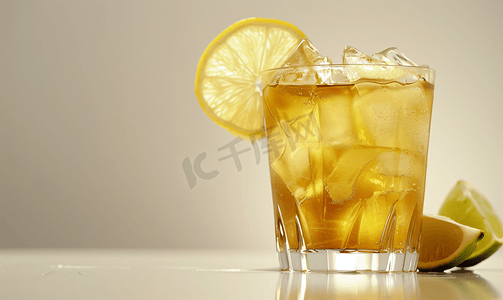 水果汁摄影照片_一杯加柠檬和酸橙的有机姜汁汽水