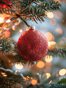 球节日摄影照片_杉树上挂着亮闪闪的红色圣诞球上面装饰着圣诞装饰灯光迷离