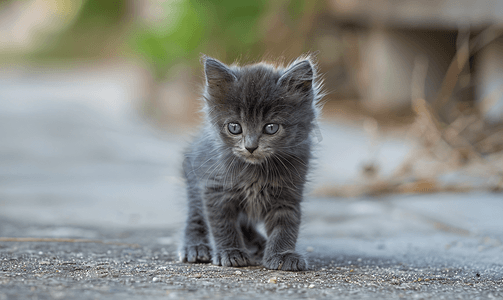 小可爱的灰色毛茸茸的小猫户外小猫的第一步