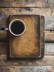书上咖啡摄影照片_木制背景色调图像上的旧书和一杯咖啡