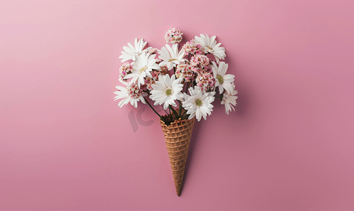 粉红色背景中冰淇淋锥中的一束白花