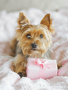 动物礼盒摄影照片_可爱的小狗躺在床上手里拿着粉色礼盒