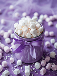 玻璃罐里的棉花糖装满了紫色的礼盒