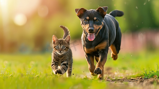 猫咪奔跑摄影照片_公园草地上小狗和猫咪图片