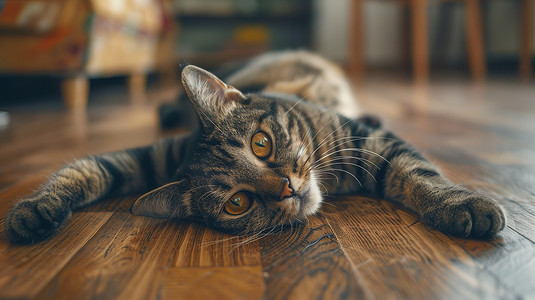 狸花猫躺在地板上摄影照片