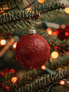 杉树上挂着亮闪闪的红色圣诞球上面装饰着圣诞装饰灯光迷离