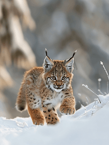 森林雪地上行走的欧亚山猫幼崽