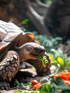一只巨大的黄褐色乌龟正在吃蔬菜
