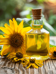 夏季植物背景摄影照片_玻璃瓶中的葵花籽油和木质背景上的花朵