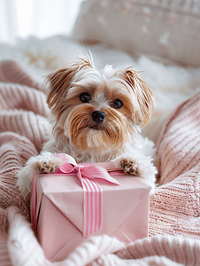 着粉色摄影照片_可爱的小狗躺在床上手里拿着粉色礼盒