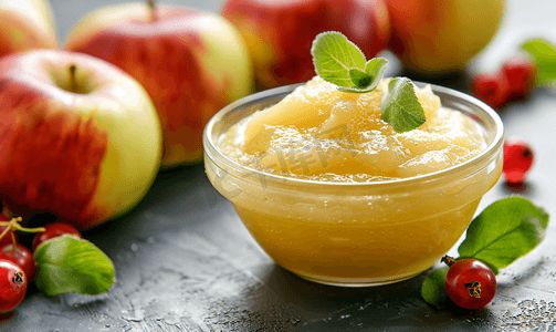 碗里自制的苹果酱和桌上的新鲜水果有机食品垂直视图