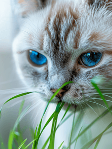 蓝眼睛的小猫吃草叶