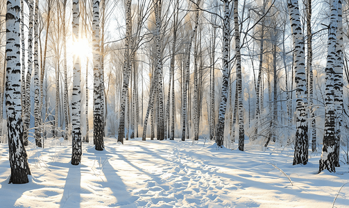 公园里的树木摄影照片_冬季森林里的白桦树