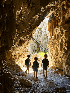 三个孩子探索山上的石灰岩洞