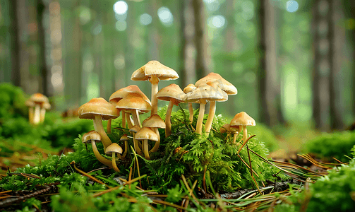 森林地面上的一群蘑菇苔藓松针