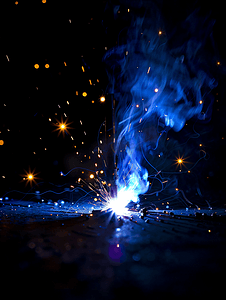 在黑暗中进行焊接焊接时产生火花和蓝光