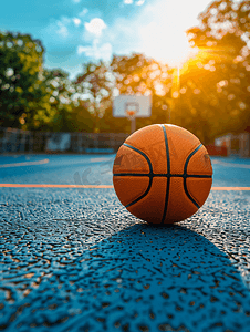 篮球ai摄影照片_准备打篮球的镜头躺在户外空荡荡的篮球操场上