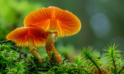 发光苔藓摄影照片_森林地面苔藓上的橙色花丝蘑菇从栖息地宏观观察
