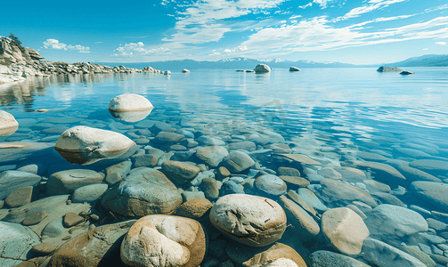 海中央有一处清澈的湖泊四周环绕着大块岩石