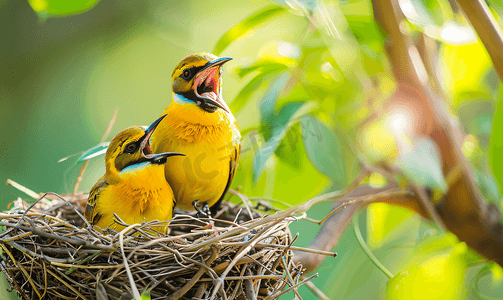 鸟巢中张着嘴的黄色小鸟