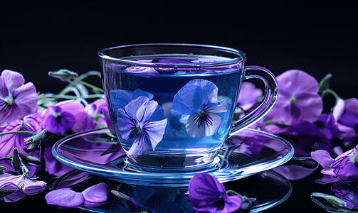 黑色背景中透明玻璃杯中的蝴蝶豌豆花茶