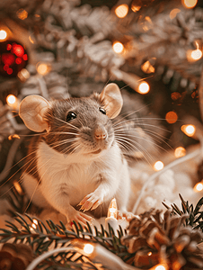 木质背景上圣诞装饰中的宠物鼠
