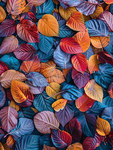 秋天的彩色树叶躺在地上形成背景