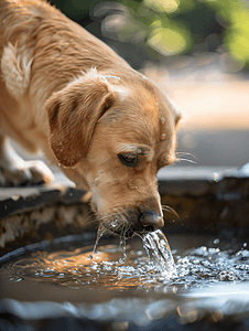 狗在炎热的夏日从喷泉里喝水