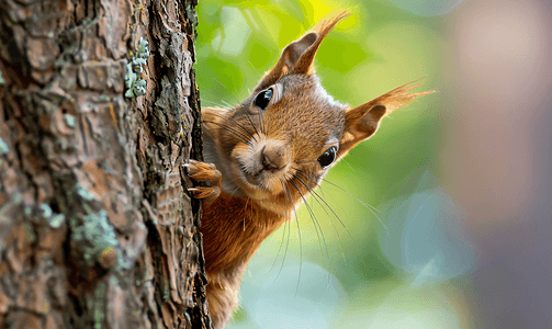 好奇的红松鼠在树干后偷看